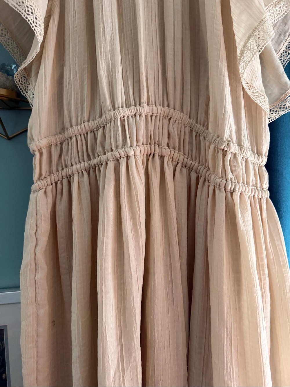 Current Air Los Angeles M Cream Crinkle Dress Crochet Trim Sleeve Boho - Picture 3 of 7